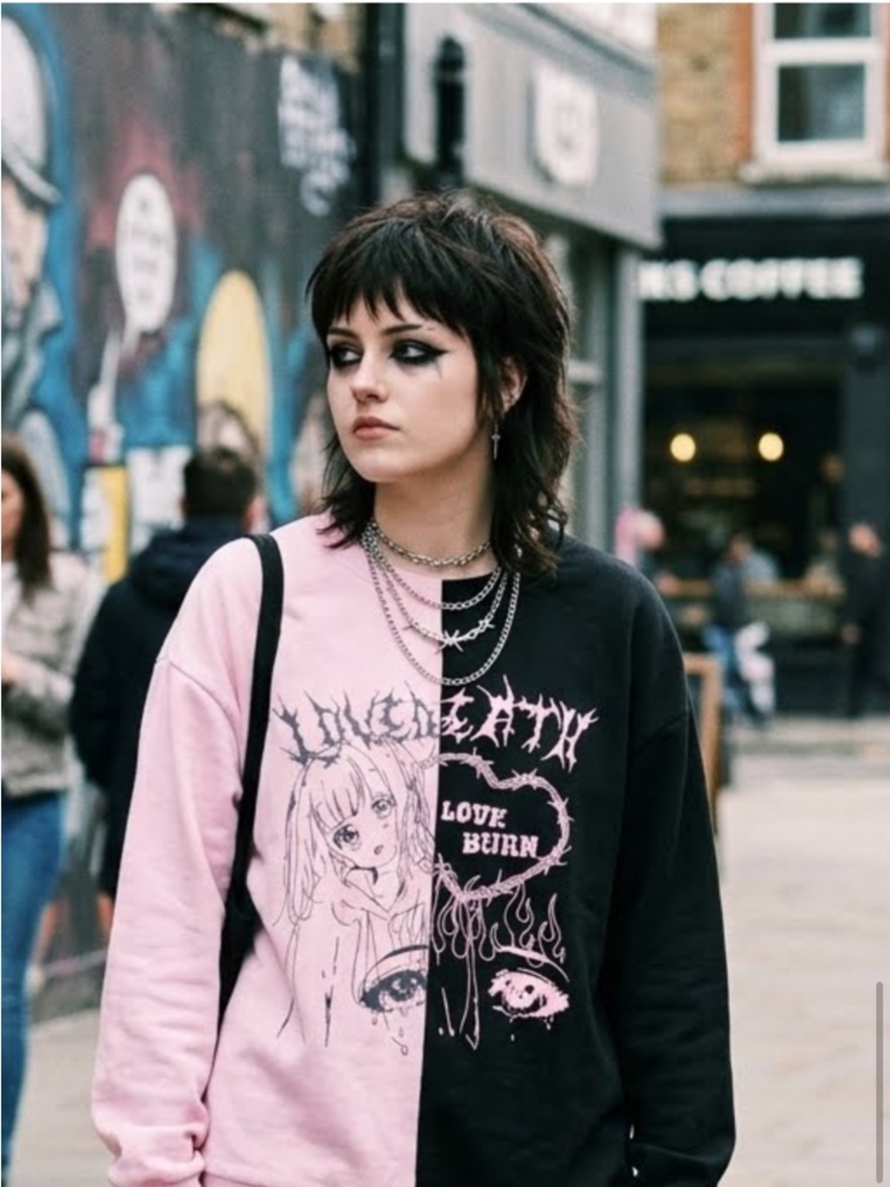 Split Pink and Black Graphic Pullover Sweatshirt - Women's